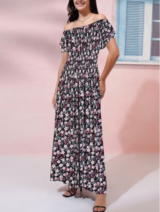 Off-The-Shoulder Floral Print Midi Dress